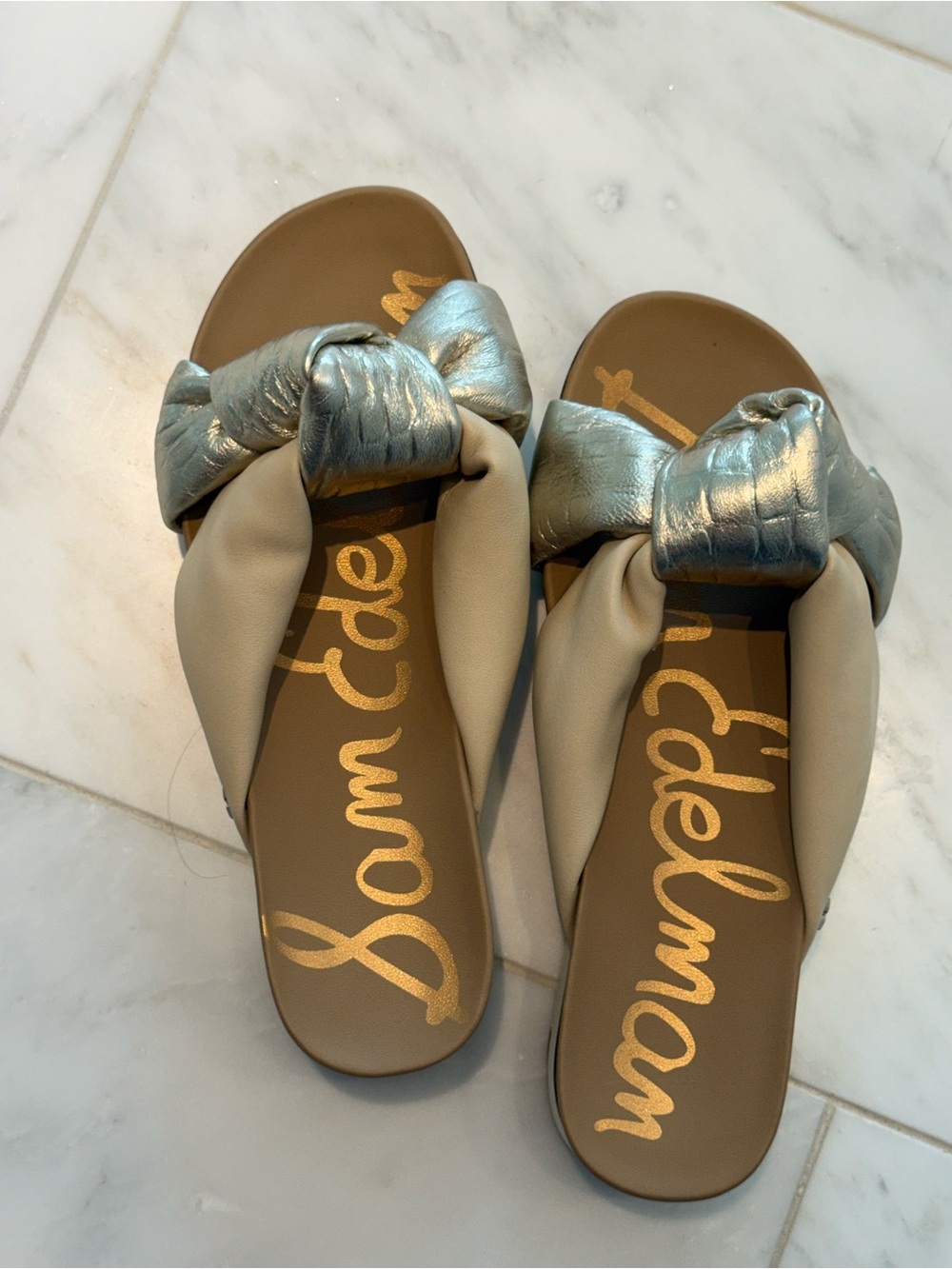Sam Edelman Women's Metallic Silver & Beige Knot Slide Sandals Size 8